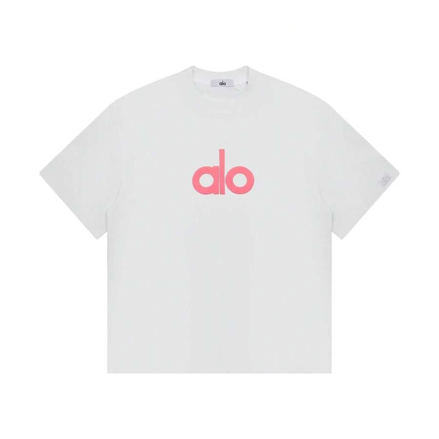 Alo Yoga Classic Logo Short-Sleeved T-Shirt, White And Pink Color Blocking, Heavyweight Pure Cotton, Loose Fit, Unisex Casual Top, Suitable For Couples. - Xem 1