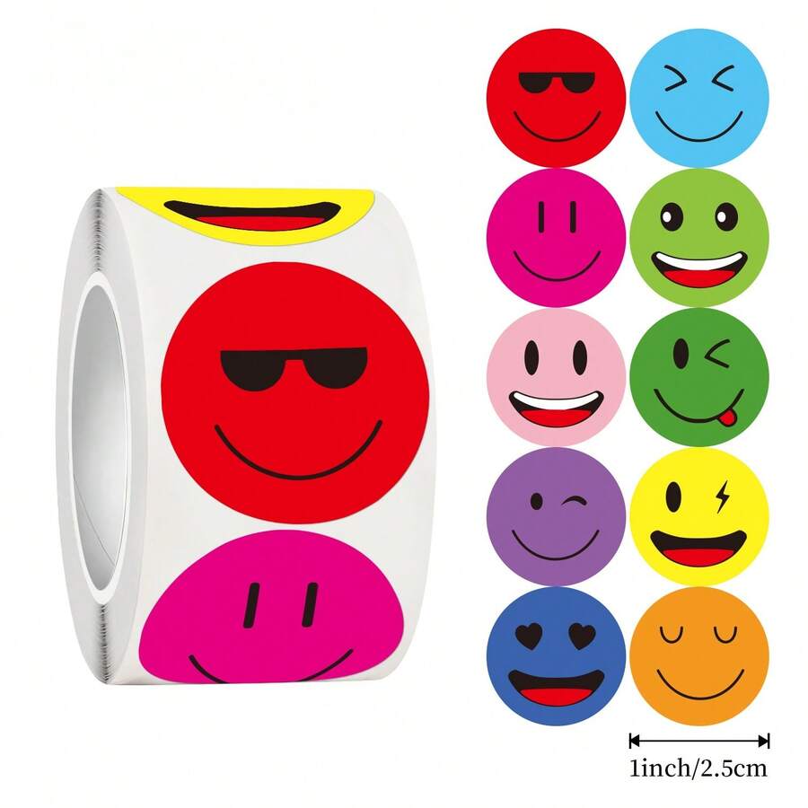 500 pegatinas/rollo de pegatinas de caras sonrientes de colores mixtos, pegatinas de expresión de dibujos animados, pegatinas decorativas autoadhesivas, pegatinas de elogio y aliento - Multicolor - Ver 1