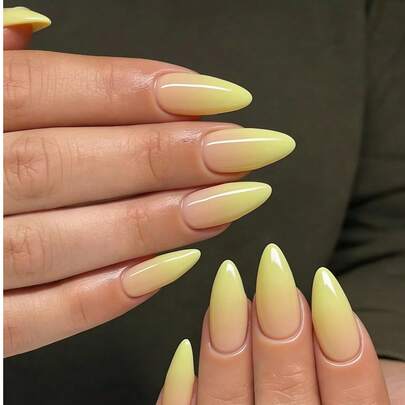 24pcs Almond-Shaped Medium Length Artificial Nail Tips, Yellow Ombre Design, Suitable For Office Ladies, Daily Wear, Dates, Afternoon Tea, Outings