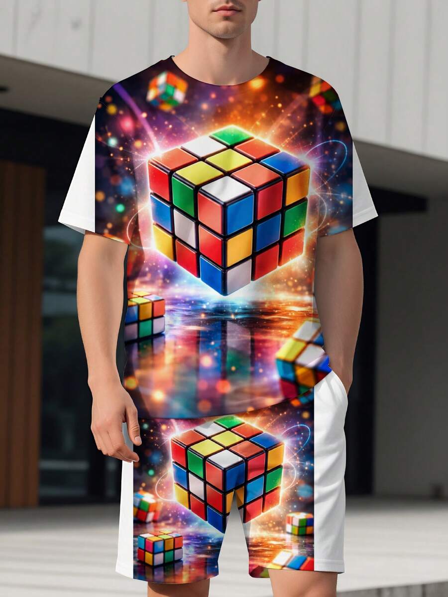 Rubiks Cube Galaxy Print Men's T-Shirt And Shorts Set 3D Colorful Puzzle Design Casual Summer Outfit For Puzzle Lovers - 彩色 - 查看 1