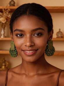 一对手工制作的极简主义木质串珠雕刻几何耳环，苔绿色，适合度假、派对和日常佩戴 - 苔蘚綠 - 查看 8