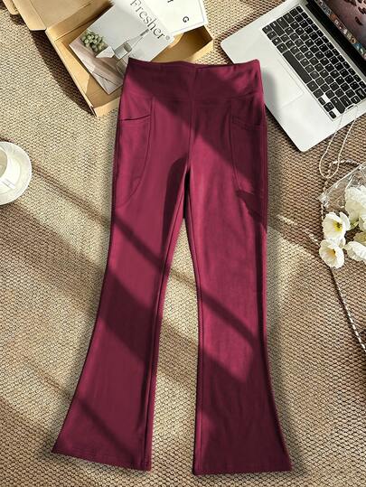 1pc Women Plus Size Flared Sports Pants, Slimming Fashionable Workout Booty Lifting Yoga Leggings, High Waist Fitted Casual Pants With Pockets