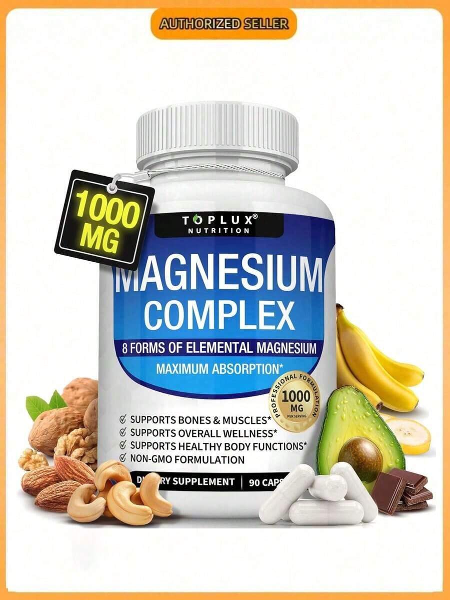 Magnesium Complex Supplement 8 Elemental 1000mg - Magnesium Glycinate, Citrate, Malate, Taurate, Chelated For Easy Absorption For Bones, Muscle, Recovery, Energy, Vegan Non-GMO 90 Capsules - 淺藍色 1 - 查看 1