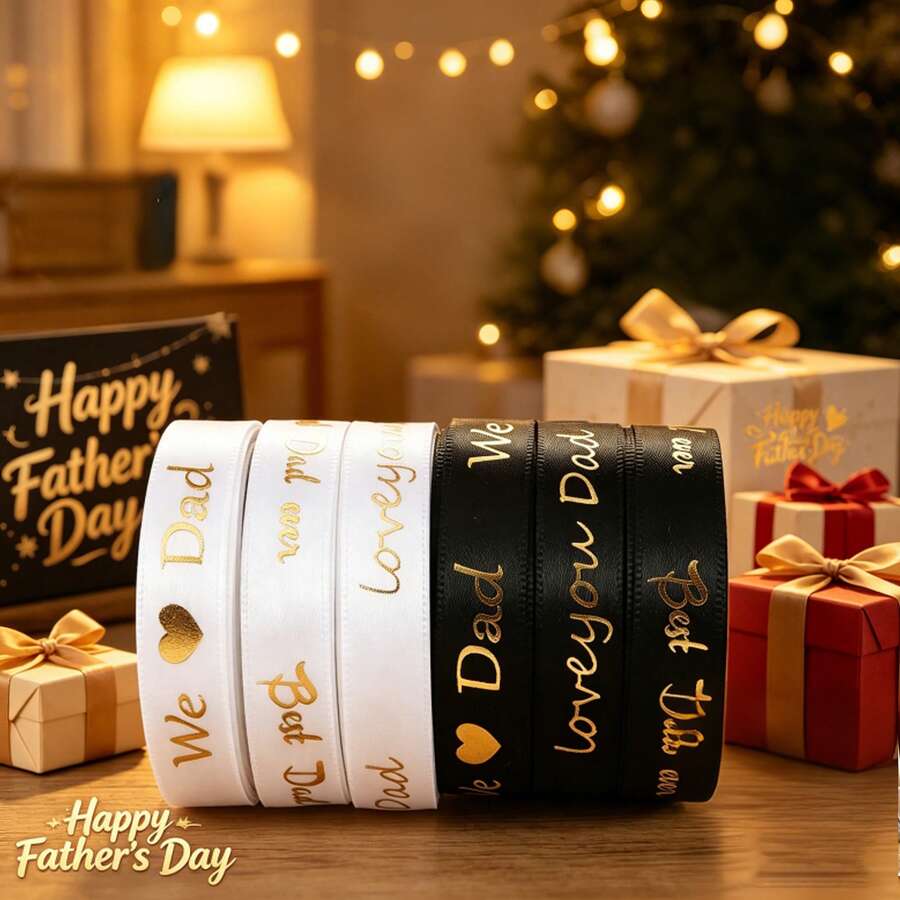 Father's Day Essential, 3 Sizes 1cm Wide Satin Ribbon With Metallic Foil, Gift Box/Party Decor DIY, Add Festive Sentiment And Love For Father - Multicolor - View 1