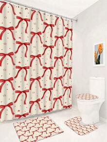 1/4pcs Red Ribbon Bow Pattern Bathroom 4-Piece Set, Including Shower Curtain, Bath Mat, Toilet Lid Cover, And U-Shaped Mat - A - View 19