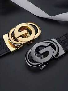 1pc Men's High-Quality Leather Belt With Letter Buckle, Embossed Plaid Pattern, Versatile For Business And Casual Wear, Fashionable And - Multicolor - View 4