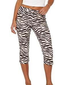 Women Side Slit Capri Pants Stretchy Slim Fit Capris Yoga Leggings Y2k Knee Length Going Out Cropped Pants Polka Dot Capri Pants - 咖啡色 - 查看 1