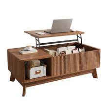 Couchtisch Mit Hubfunktion, Wellenoptik, Offenes Seitenfach, MDF-Material, Moderner Stil - Walnut - View 1