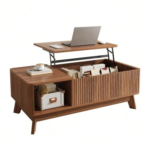 Couchtisch Mit Hubfunktion, Wellenoptik, Offenes Seitenfach, MDF-Material, Moderner Stil - Walnut - View 1
