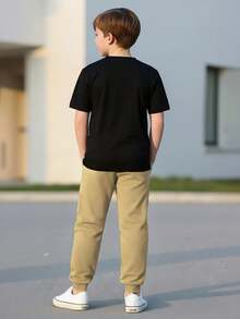男孩春夏短袖上衣與長褲兩件套，輕量條紋字母印花，適合4-12歲男孩，日常穿著與戶外活動 - 黃色 - 查看 3
