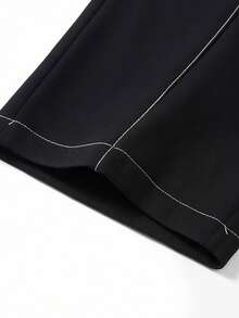 Men's Black Contrast Stitch Wide Leg Capri Pants, Casual Street Style Knee-Length Shorts For Summer - Black - View 5