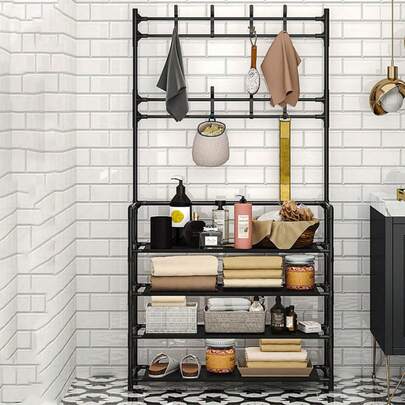 1pc Multi-Functional 4/5 Tier Iron Clothes & Shoe Rack With 8 Hooks - Easy Assembly, Black