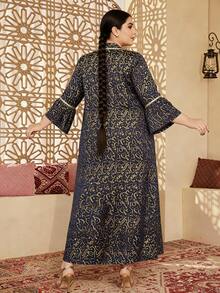 Áo khoác Jacquard thêu với váy lót, váy kiểu Ả Rập thanh lịch, áo cardigan maxi cổ chữ V viền ruy băng vàng JALABIA với tay áo xếp nếp, kiểu dáng truyền thống Ramadan mới năm 2026. - Màu xanh hải quân - Xem 10