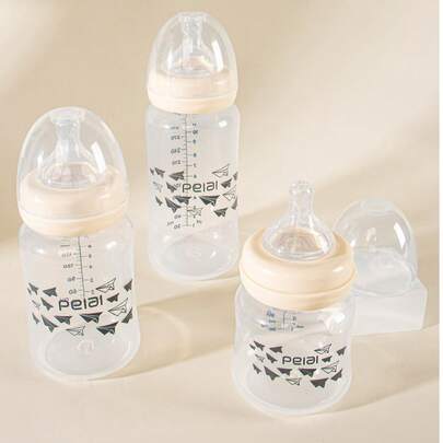 1pc Baby Paper Airplane Pattern Wide-Mouth Milk Bottle, PP Material Silicone Nipple, Anti-Drop Durable, Suitable For 0-1 Year Old Babies
