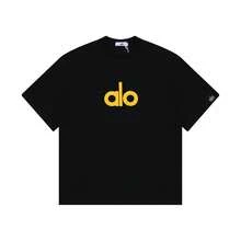 Alo Yoga Classic Logo Short-Sleeved T-Shirt, Black And Yellow Color Blocking, Heavyweight Pure Cotton, Loose Fit, Unisex Casual Top, Couple Style. - 查看 10
