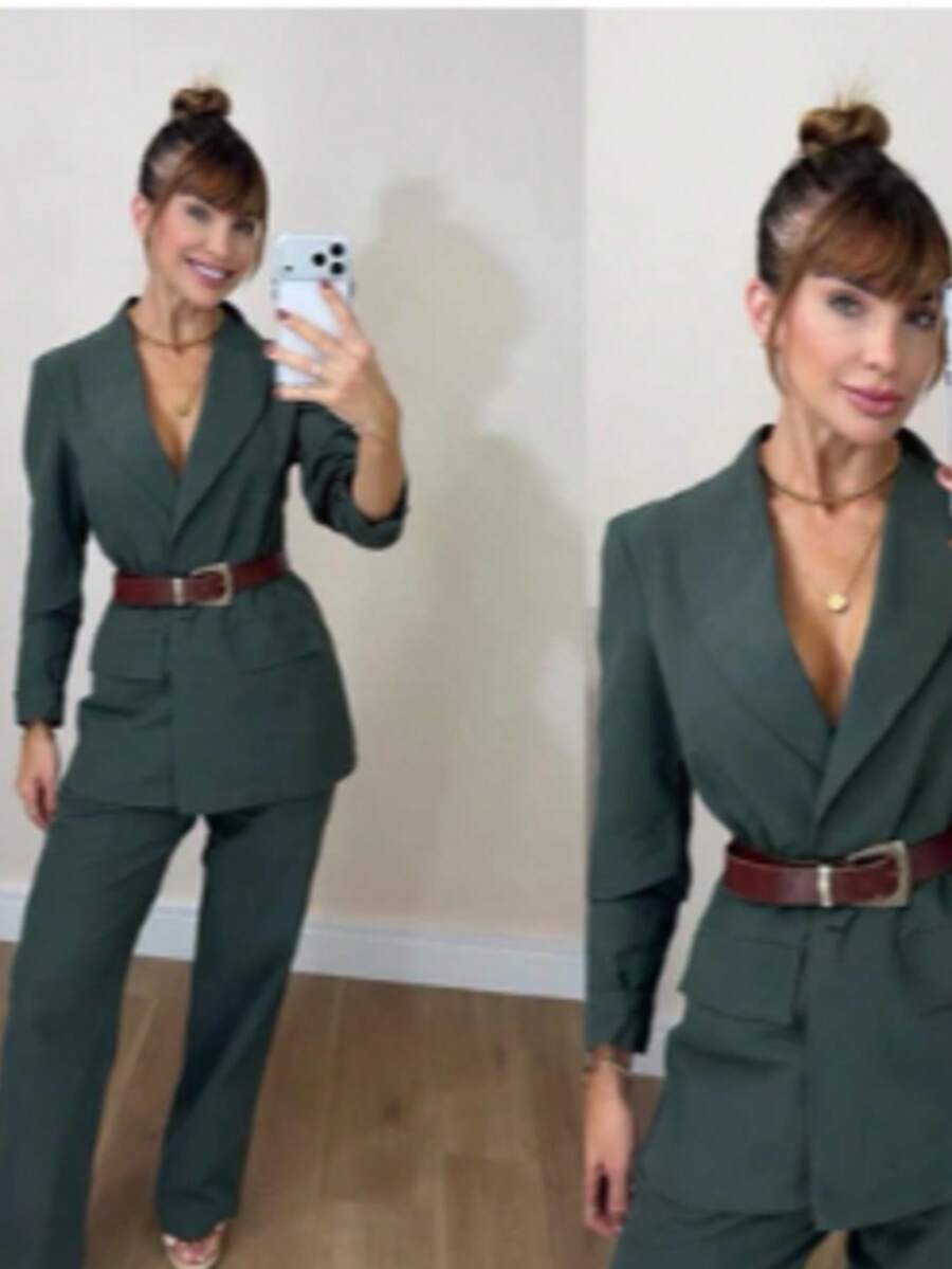 Women's Plus Size Set: Blazer And Wide Leg Pants, Linen Fabric - Army Green - View 1