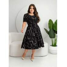 GODÊ MIDI DRESS WITH SHORT SLEEVE BELT AND GEOMETRIC PRINT - Black - View 3