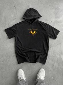 简约男士夏季水洗做旧复古休闲短袖连帽T恤 - 黑色 - 查看 2