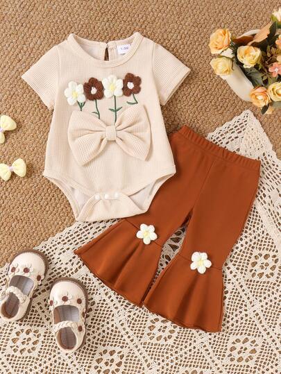 2pcs Baby Girls' Cute Embroidered Floral Knit Romper + Brown Pants Set, Lightweight Spring/Summer Mori Style