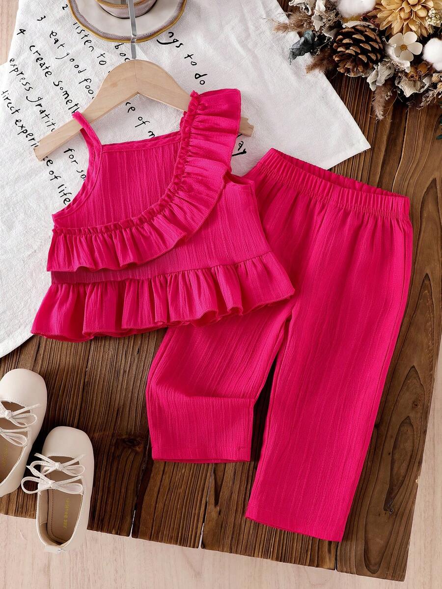 2pcs/Set Baby Girl Summer Lightweight Elegant Fuchsia Striped Sleeveless Ruffle Shoulder Vest Top & Elastic Waist Straight Pants Outfit