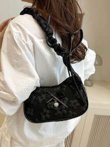 Tas Bahu Motif Botani Baru Warna Polos yang Modis dan Serbaguna, Tas Persegi Kecil Baguette Minimalis Kasual untuk Wanita - Hitam - View 2