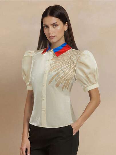 Emile Lively Modern Philippine Clothing Top, Women's Philippine Clothing Short Jacket, Printed Barong Shirt, Elegant Mandarin Collar Printed Button Shirt Top, Formal Shirt Blouse, Apricot