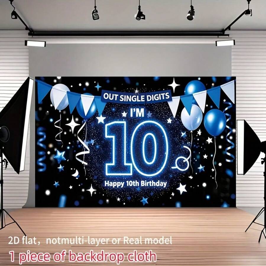 [2D Flat Printing]2D Door Curtain, 1 Piece Blue 10th Birthday Party Backdrop, I'10 Years Old Celebration, With Balloons And Stars, Indoor/Outdoor Decoration, Suitable Home, Garden, Photo Booth, Birthday Party Decoration, Indoor/Outdoor, Festive Decoration, Easytoinstall, Weatherresistant Material, Highquality Fabric, Family Gatherings, Event Organizers - Nhiều màu - Xem 1