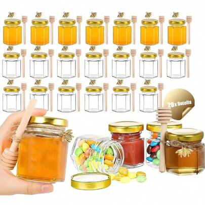 20PCS Frasco De Vidrio Mini Miel Hexagonal 45 Ml Con Tapa, Mini Tarros De Miel Frascos De Vidrio Con Tapas, Mini Tarro De Almacenamiento Transparente Para Hacer Velas, Especias, Gelatina, Para Recuerditos De Boda Baby Shower Regalos De Fiestas Despedida De Soltera