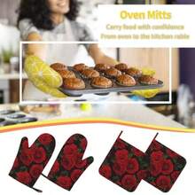 Juego de 4 manoplas de horno y soportes para ollas de color y guantes de silicona resistentes al calor para horno y agarraderas almohadillas para orejas calientes para cocina hornear - Rojo Negro Rosa Flor - Ver 8