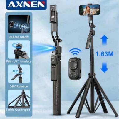 AXNEN Gậy selfie 3 trong 1 bằng hợp kim nhôm, tích hợp Bluetooth, tự động nhận diện khuôn mặt, chân đế ba chân cho điện thoại thông minh, xoay 360°, điều khiển từ xa không dây và giá đỡ điện thoại, tương thích với iPhone 16/15/14/13/12 Pro và điện thoại Android, màu đen.