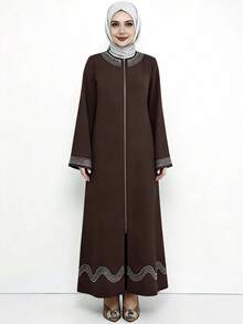 Vestido suelto de manga larga con adorno de strass, de estilo árabe de Oriente Medio - color café - Ver 6