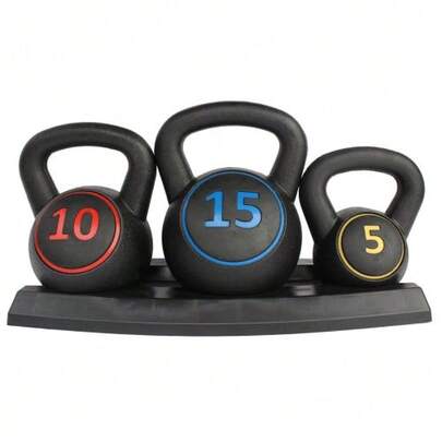 Conjunto de kettlebells de 5/10/15 libras com pega antiderrapante, equipamento de ginástica compacto para uso doméstico, ideal para treino de força, condicionamento físico e reabilitação.