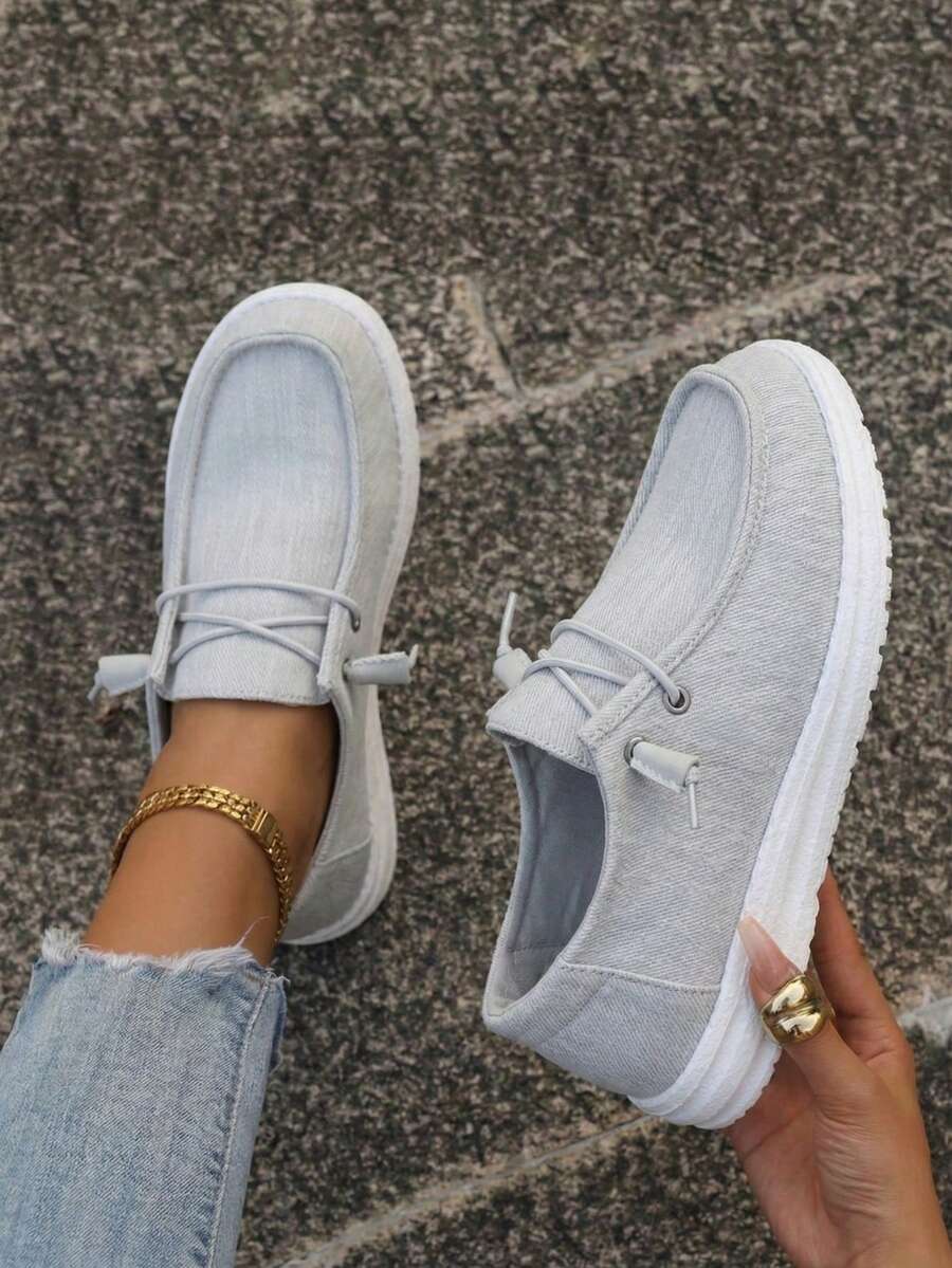 Women's Loafers, Casual Holiday Style, Four Seasons Style, Indoor And Outdoor, Solid Color Pattern, Versatile, Light And Comfortable, Round Toe, Elastic Laces, Easy To Put On And Take Off Flat Shoes - 灰色 - 查看 1