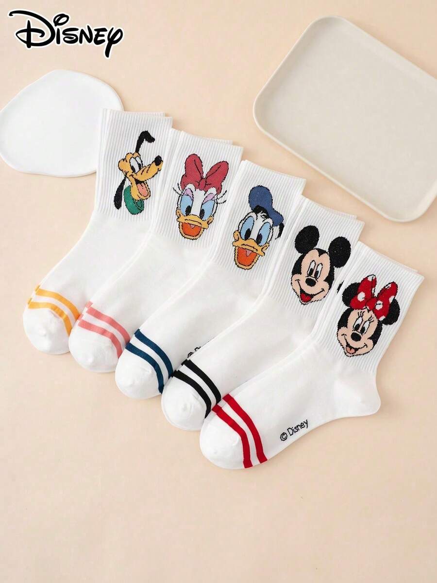 Disney 5双装迪士尼米奇黛丝条纹卡通图案女士船袜，运动袜，四季皆宜，欧美尺码，舒适透气耐穿，色彩鲜艳，适合日常穿着，优质面料，不闷热 - 彩色 - 查看 1