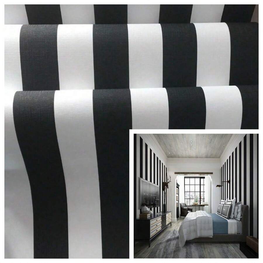 1 Roll Black & White Vertical Stripe PVC Self-Adhesive Wallpaper, Waterproof Wear-Resistant Removable Sticker For Living Room Bedroom Wall, Desk, Cabinet, Easy To Install DIY Wall Paper, 40CM*500/300/100CM