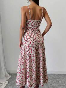 Đầm hở lưng xẻ cao họa tiết hoa nhí, phong cách Bohemian, thích hợp cho mùa xuân/hè. - Màu be - Xem 3