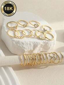 28pcs/Set Fashionable Ring Set With Heart Shaped Design, Geometric Style And Bohemian Element Accent - Gold - View 2
