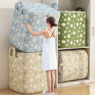 1 chiếc giỏ đựng quần áo gấp gọn họa tiết hoa cúc, giỏ vải dung tích lớn có tay cầm, dùng để đựng quần áo và đồ dùng giường ngủ -