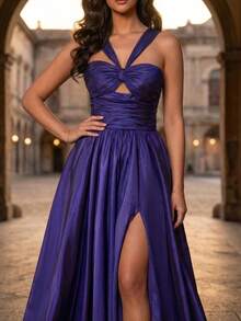 Women's Backless Maxi Evening Dress, Sleeveless Backless Design, Front Twist Detail, High Slit Party Wedding Spring - Purple - View 7