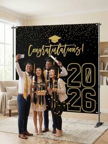 1件2026毕业季背景布，黑金配色，祝贺毕业，涤纶材质，适用于高中/大学毕业派对拍照背景装饰 - 2026黑色背景布 - 查看 6
