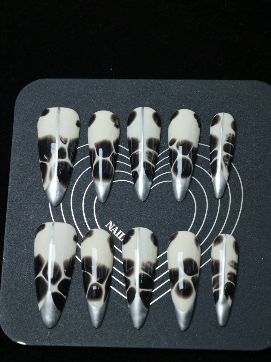 CrystalHola Handmade Almond Nails, Y2K And Cute Style Nails, Spring/Summer, Black & Nude Color With Bloom, Metallic, French Tip Nail, Pure Handmade Nails. Suitable For Women And Girls. 10 Pieces/Set, 4 Sizes. Fits Parties, Weddings, And Daily Wear. Great Gift For Ladies' Nail Supplies. - Multicolor - View 1