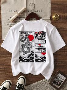 Women's T-Shirt With Japanese Dragon And Wave Print, Dropped Shoulders And Loose Fit, Y2K Urban Casual Style, Graphic Aesthetic, Breathable And Comfortable For Everyday Wear, Outings To - 白色 - 查看 6