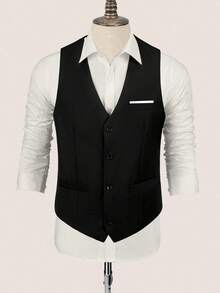 Men's Suit Vest Black Slim Fit All-Season Wedding Ceremony Business Casual Formal Classic Waistcoat Groomsmen Vest For Men Single Breasted Suit Vest Suitable For Daily Commuting Men's Daily Casual Going Out And Daily Wear - 黑色 - 查看 1