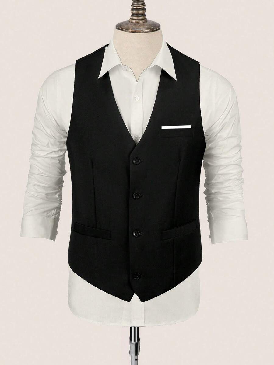 Men's Suit Vest Black Slim Fit All-Season Wedding Ceremony Business Casual Formal Classic Waistcoat Groomsmen Vest For Men Single Breasted Suit Vest Suitable For Daily Commuting Men's Daily Casual Going Out And Daily Wear - 黑色 - 查看 1