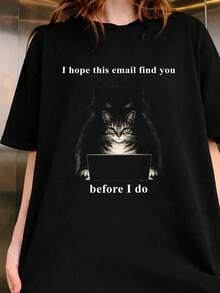 Funny Cat Laptop Shirt, I Hope This Email Finds You, Office Humor Meme Tee. Women's Fashionable Casual T-Shirt With Creative Print, Short Sleeve, Round Neck, For Spring And Summer - Festive Celebration Shirt, Party Wear Top - 黑色 - 查看 1