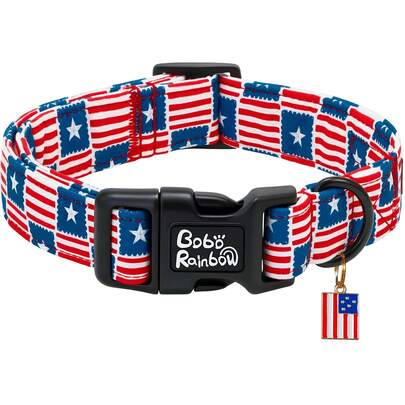 Adjustable Quick Release Plastic Buckle Dog Collar With Rainbow Pom Pom, American Flag Design For 4th Of July