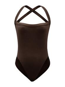 Áo liền thân không tay cổ chữ V màu trơn ôm sát dành cho nữ của Muse Moon, trang phục thể thao thường ngày, phù hợp cho tập luyện, gợi cảm, đa năng, thể thao ngoài trời, thanh lịch. - màu nâu - Xem 3