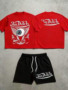 Men's 2PC Von Dutich Winged Eye Print T-Shirt & Shorts Set, 100% Polyester, Lightweight, Breathable, Soft Comfort,  Streetwear, Casual Outfit For Summer, Vacation, Daily Wear & Outdoor Activities - 紅色 - 查看 1