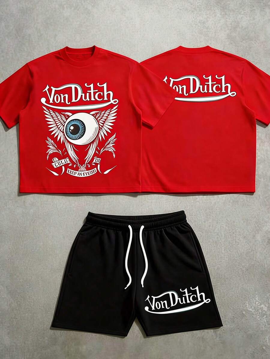 Men's 2PC Von Dutich Winged Eye Print T-Shirt & Shorts Set, 100% Polyester, Lightweight, Breathable, Soft Comfort,  Streetwear, Casual Outfit For Summer, Vacation, Daily Wear & Outdoor Activities - 紅色 - 查看 1