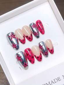 纯手工制作可佩戴美甲贴片，杏仁形。手绘个性化法式玫瑰红豹纹美甲，高品质优雅简约设计，春夏全贴甲，Y2K风格美甲，独特小众创意假指甲，日常美甲，可爱现代风格美甲，适合日常佩戴，可拆卸重复使用。 - 彩色 - 查看 5